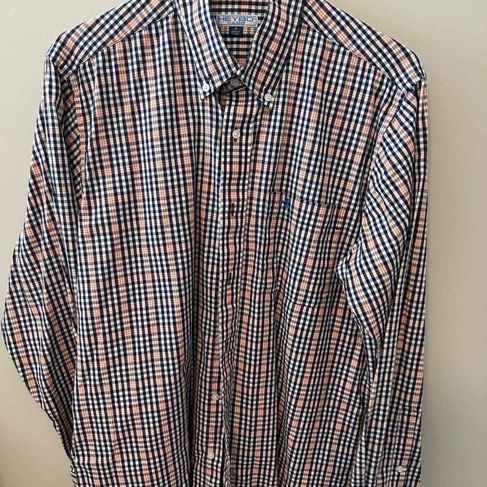 HeyBo Brand Men's Blue and Orange Plaid Shirt  ‎ medium Great for Auburn Fans